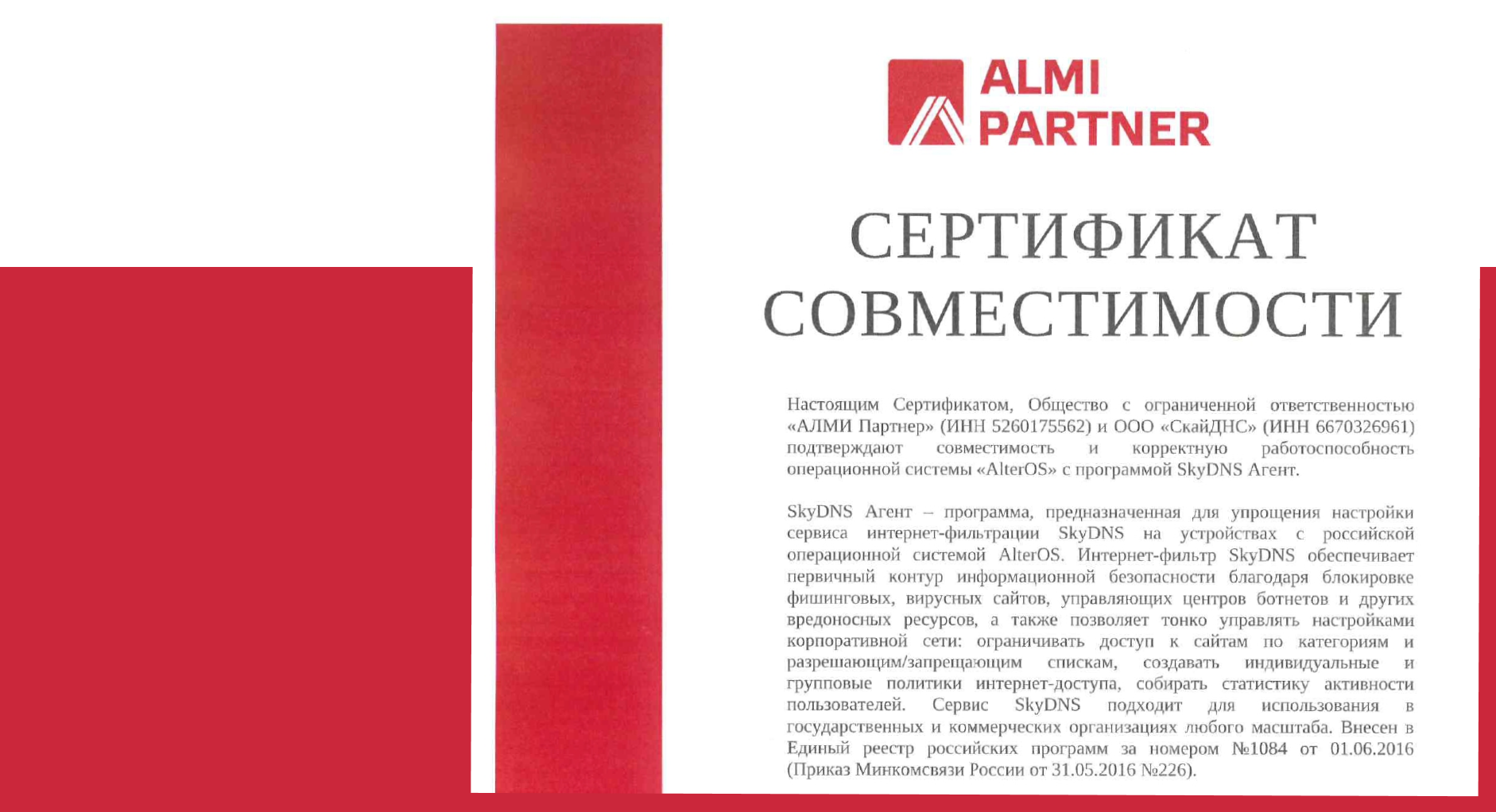 Сертификат совместимости SkyDNS и АЛМИ ПАРТНЕР