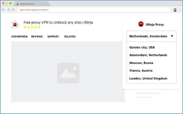 Расширение iNinja Proxy позволяет выбрать страну, откуда будет осуществляться доступ